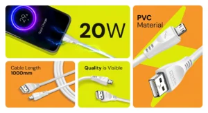 High-Speed 20W Micro USB Charging Cable with 1000mm Length – PVC Material