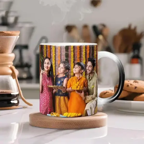 Personalized magic mug and keychain gift set with a custom family or friends group photo, ideal for special occasions.