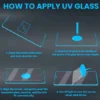 3D curved UV tempered glass screen protector with rounded smooth edges, ultra-slim 0.15mm thickness, fingerprint unlock support, and full coverage for mobile screens.
