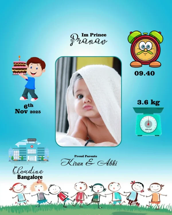YouS2 Photo Frame -Baby birth announcement design featuring a cute infant wrapped in a towel, surrounded by colorful icons and birth details such as name, weight, date, time, hospital, and parents' names.