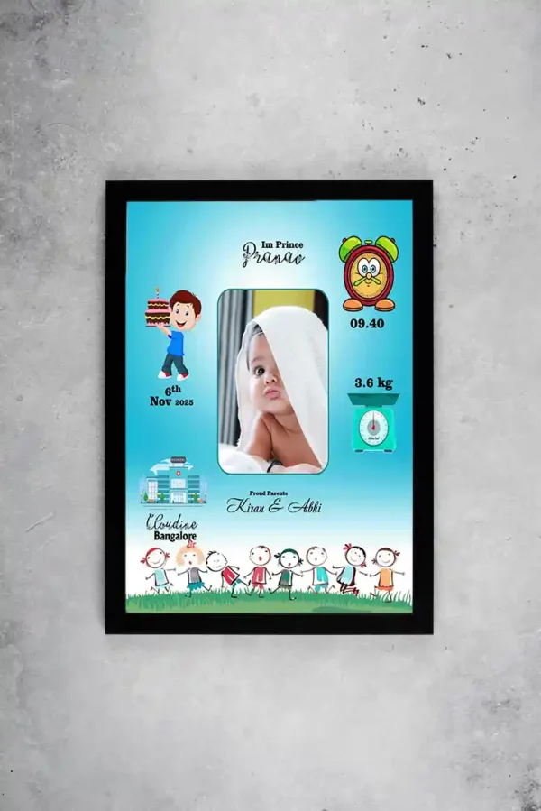 YouS2 Photo Frame -Baby birth announcement design featuring a cute infant wrapped in a towel, surrounded by colorful icons and birth details such as name, weight, date, time, hospital, and parents' names.
