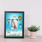 YouS2 Photo Frame -Baby birth announcement design featuring a cute infant wrapped in a towel, surrounded by colorful icons and birth details such as name, weight, date, time, hospital, and parents' names.