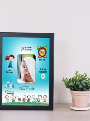 YouS2 Photo Frame -Baby birth announcement design featuring a cute infant wrapped in a towel, surrounded by colorful icons and birth details such as name, weight, date, time, hospital, and parents' names.