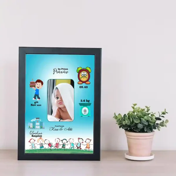 YouS2 Photo Frame -Baby birth announcement design featuring a cute infant wrapped in a towel, surrounded by colorful icons and birth details such as name, weight, date, time, hospital, and parents' names.