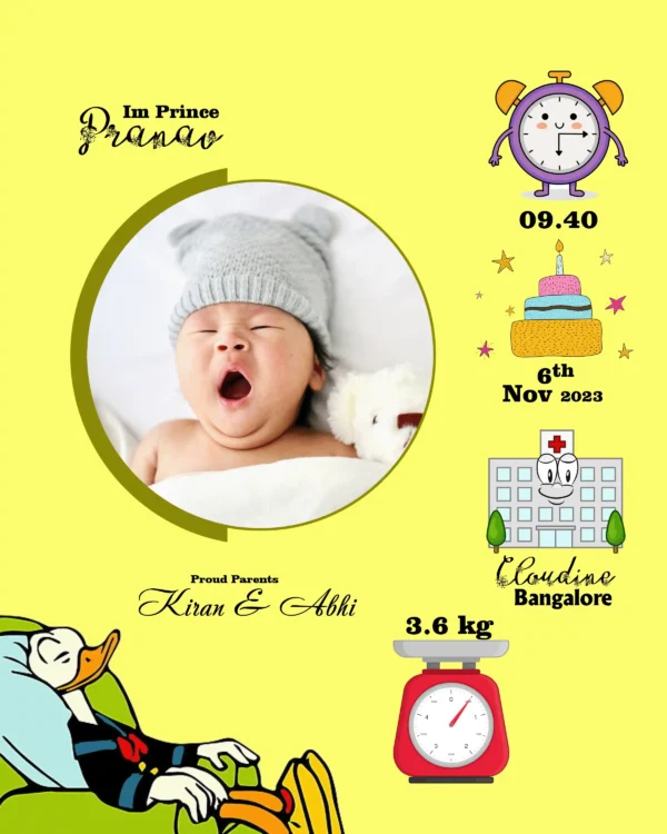 YouS2 Photo Frame -Baby birth announcement with a yawning infant in a woolen cap, surrounded by colorful icons showing birth time, date, hospital, weight, and proud parents' names.