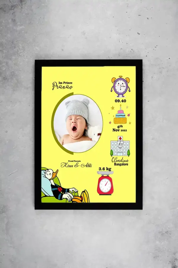 YouS2 Photo Frame -Baby birth announcement with a yawning infant in a woolen cap, surrounded by colorful icons showing birth time, date, hospital, weight, and proud parents' names.