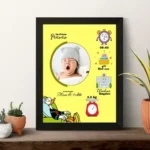 YouS2 Photo Frame -Baby birth announcement with a yawning infant in a woolen cap, surrounded by colorful icons showing birth time, date, hospital, weight, and proud parents' names.