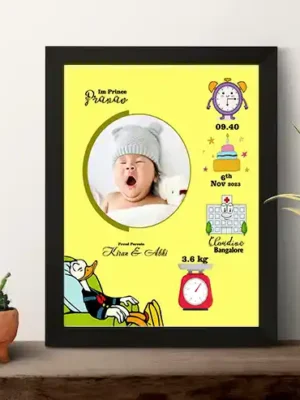 YouS2 Photo Frame -Baby birth announcement with a yawning infant in a woolen cap, surrounded by colorful icons showing birth time, date, hospital, weight, and proud parents' names.