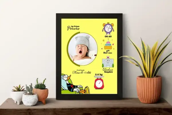 YouS2 Photo Frame -Baby birth announcement with a yawning infant in a woolen cap, surrounded by colorful icons showing birth time, date, hospital, weight, and proud parents' names.