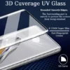 3D curved UV tempered glass screen protector with rounded smooth edges, ultra-slim 0.15mm thickness, fingerprint unlock support, and full coverage for mobile screens.