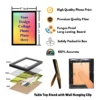 9x12 inch customizable photo frame with fiber front, high-quality print, MDF backing, tabletop stand, wall hanging clip, and layered structure illustration.