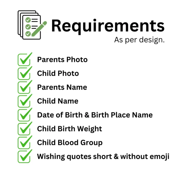 Checklist image showing design requirements for baby announcement, including photos, names, birth details, and short quotes.
