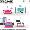 Illustration showing different home interior layout patterns for living room, bedroom, and workspace with photo frame placements.